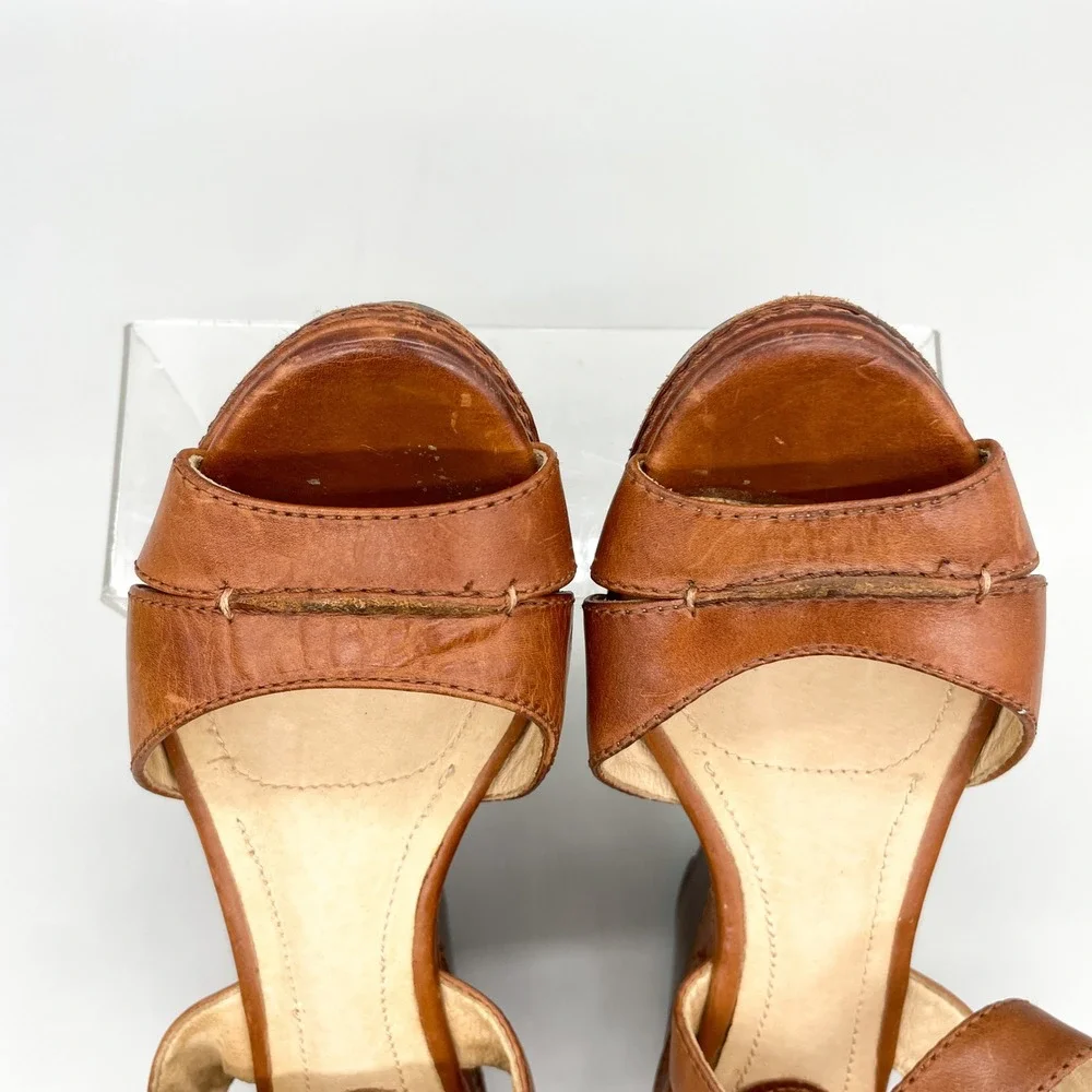 Frye Carlie Seam Brown Leather Wedge Platform Sandals Womens 8M Coastal Cowgirl